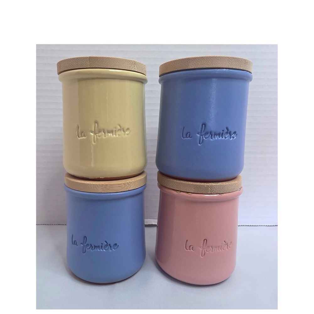 La Fermiere Pastel Terracotta Yogurt Jars with Bamboo Lids Set of 4 Canisters